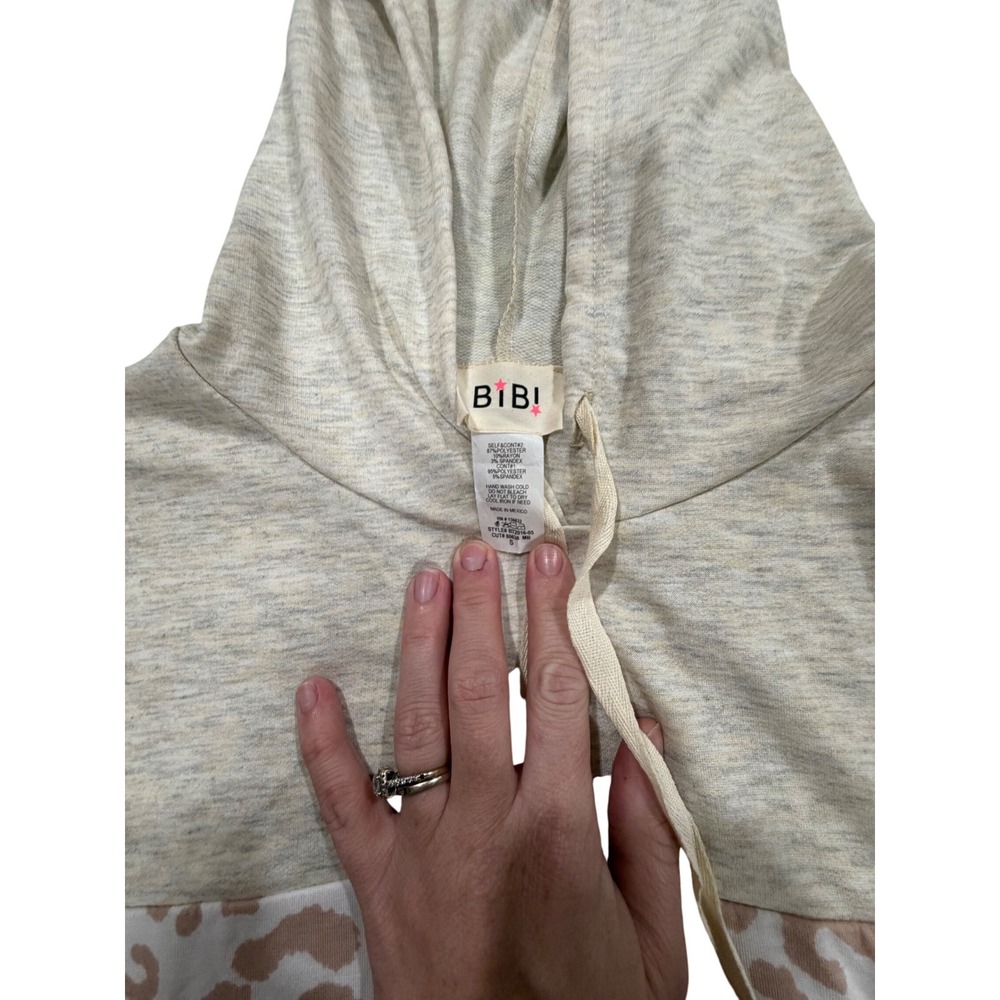 Bibi Colorblock Leopard Print Hoodie‎ Gray Pink Beige Long Sleeve Drawstring - Picture 4 of 6